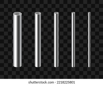 A set of steel, stainless, or aluminium pipes of various diameters.  Realistic vector illustration isolated on transparent background. 
