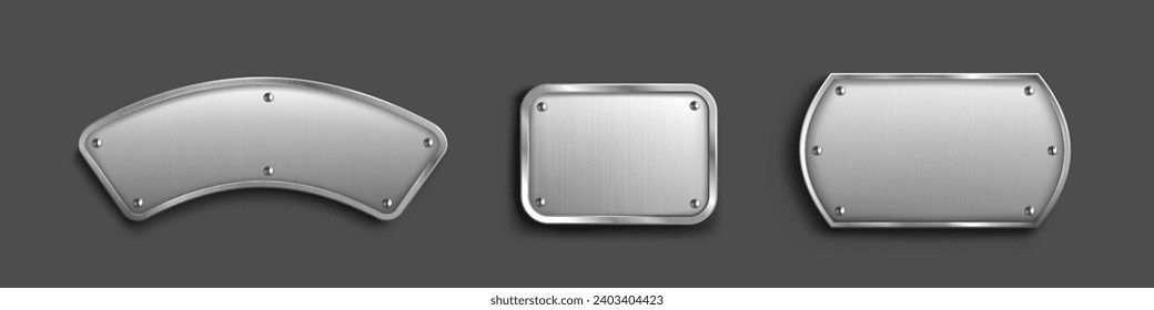 Set of steel tags with blank metal surface isolated on black background. Vector realistic illustration of silver or iron bolted plates, shiny button frames, nameplate badges with light reflection