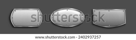 Set of steel tags with blank metal surface isolated on black background. Vector realistic illustration of silver or iron bolted plates, shiny button frames, nameplate badges with light reflection