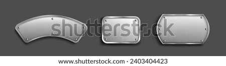 Set of steel tags with blank metal surface isolated on black background. Vector realistic illustration of silver or iron bolted plates, shiny button frames, nameplate badges with light reflection