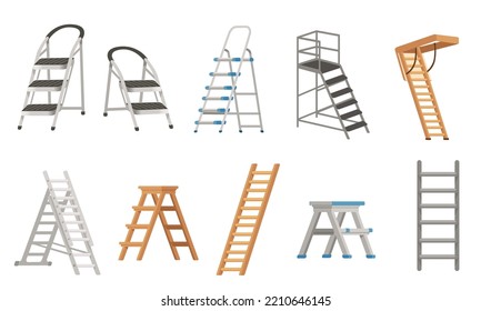 Set of steel and wooden folding portable ladder household equipment vector illustration isolated on white background