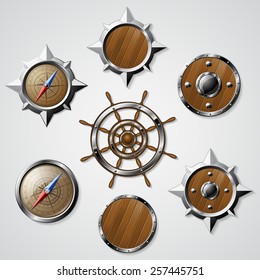 Set of Steel and Wooden Nautical elements isolated on white - compasses, steering wheel and shields. Detailed vector illustration. 