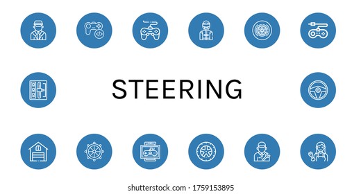 Set of steering icons. Such as Chauffeur, Game, Driver, Wheel, Game console, Garage, Helm, Mechanic, Shift stick, Steering wheel , steering icons