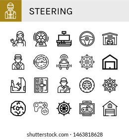 Set of steering icons such as Driver, Mechanic, Wheel, Caravel, Steering wheel, Garage, Chauffeur, Boat porthole, Autonomous car, Helm, Racing, Shift stick, Game, Rudder , steering