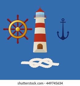 Set. Steering wheel, anchor, lighthouse, marine knot.
