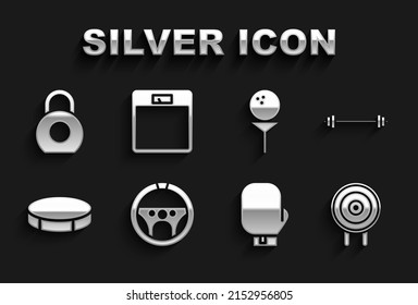 Set Steering wheel, Barbell, Target sport, Boxing glove, Hockey puck, Golf ball on, Kettlebell and Bathroom scales icon. Vector