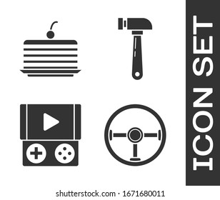 Set Steering wheel, Cake, Portable video game console and Hammer icon. Vector