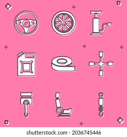 Set Steering wheel, Car, air pump, Canister for gasoline, Scotch tape, Wheel wrench, Engine piston and seat icon. Vector