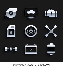 Set Steering wheel, Car battery, air filter, Wheel wrench, Chassis car, Canister for motor oil, Check engine and Automotive turbocharger icon. Vector