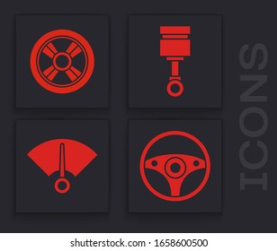 Set Steering wheel, Car wheel, Engine piston and Speedometer icon. Vector