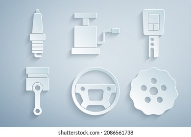 Set Steering wheel, Car key with remote, Engine piston, Gear, air pump and spark plug icon. Vector