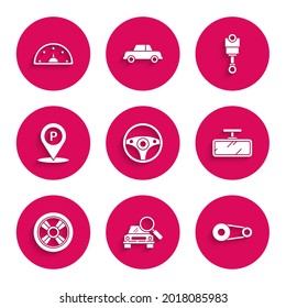 Set Steering wheel, Car search, Timing belt kit, mirror, Location with parking, Engine piston and Speedometer icon. Vector