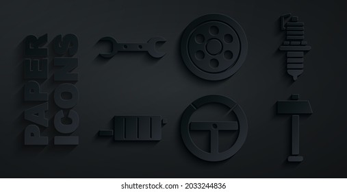 Set Steering wheel, Car spark plug, muffler, Hammer, Alloy and Wrench spanner icon. Vector