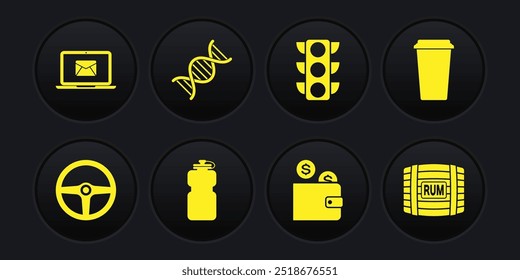 Definir volante, Xícara de café, garrafa de esporte com água, moeda de carteira, Semáforo e ícone de símbolo de DNA. Vetor