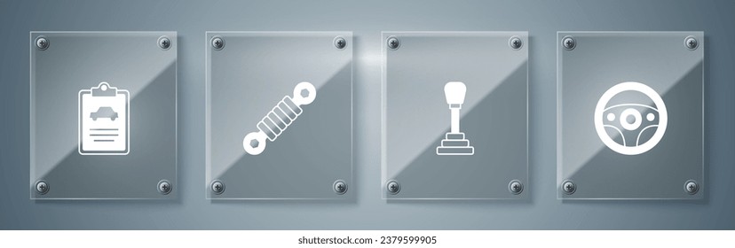 Set Steering wheel, Gear shifter, Shock absorber and Car inspection. Square glass panels. Vector