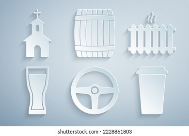 Set Steering wheel, Heating radiator, Glass of beer, Coffee cup, Wooden barrel and Church building icon. Vector