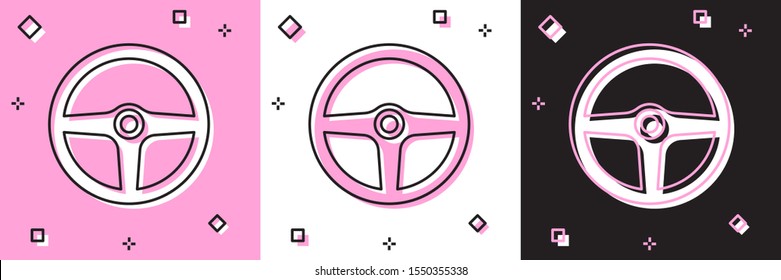 Set Steering wheel icon isolated on pink and white, black background. Car wheel icon.  Vector Illustration