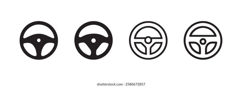 Set of steering wheel icons in solid and outline styles perfect for driving navigation automotive industry transportation and car dashboard design isolated on white background
