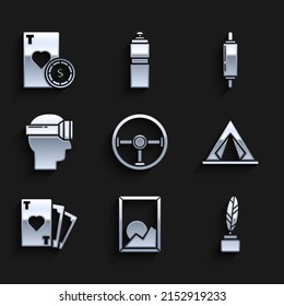 Set Steering wheel, Picture landscape, Feather inkwell, Tourist tent, Playing card with heart symbol, Virtual reality glasses, Rolling pin and Casino chip playing cards icon. Vector