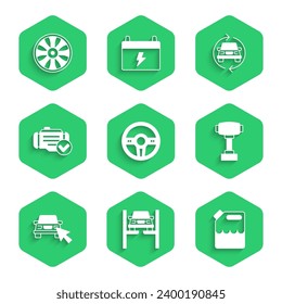Set Steering wheel, Repair car on lift, Canister for gasoline, Gear shifter, Online sharing, Check engine, Car service and Alloy icon. Vector