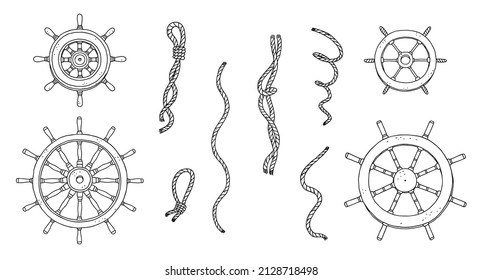 Set of steering wheel rudders and ropes. Vector black white doodle sketch outline retro isolated illustration.