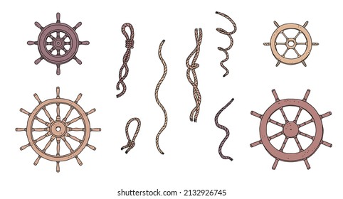 Set of steering wheel rudders and ropes. Vector doodle sketch outline retro isolated illustration.
