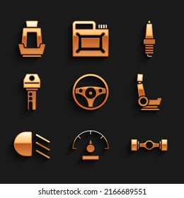 Lenkrad, Geschwindigkeitsmesser, Fahrgestell-Auto, Autositz, High-Strahl, Taste mit Fernbedienung, Zündkerze und Icon. Vektorgrafik
