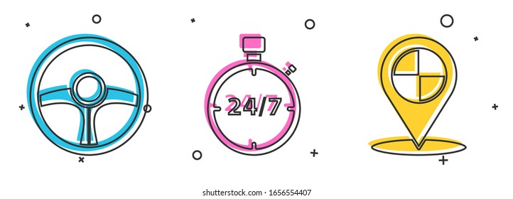 Set Steering wheel, Stopwatch 24 hours and Map pointer with taxi icon. Vector