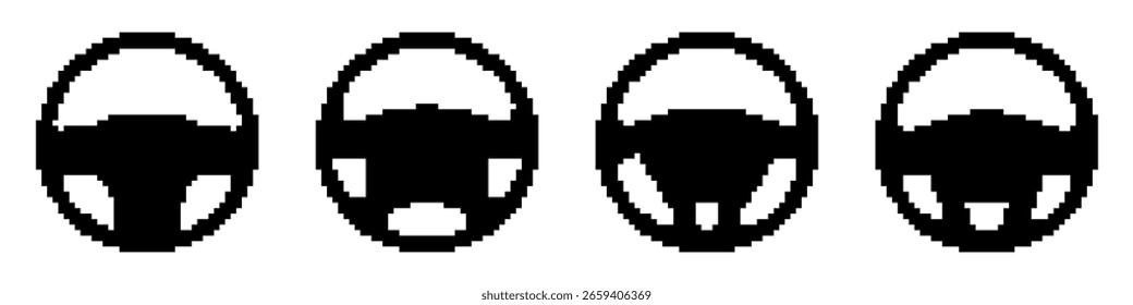 Set von Lenkrad-Vorlagen im Pixel-Kunststil. Schwarze, massive Fahrzeugsteuersymbole. Auto, Boot, Etiketten. Einzeln auf weißem Hintergrund.