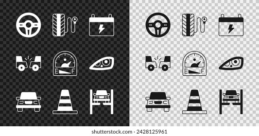 Set Steering wheel, Tire pressure gauge, Car battery, Traffic cone, Repair car lift, accident and Motor gas icon. Vector