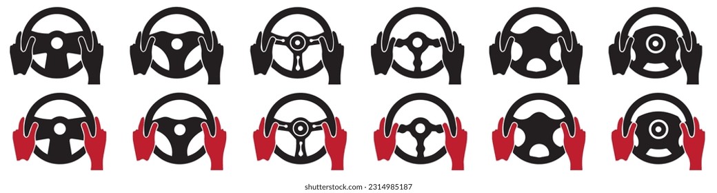 Conjunto de iconos vectores del volante de dirección. Icono de rueda del coche. Control de coches. Vector 10 EPS.