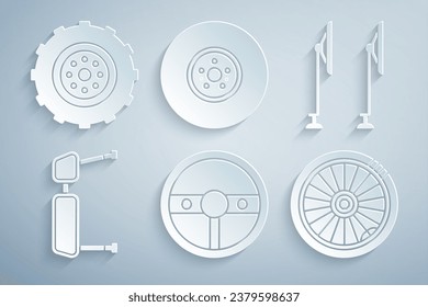 Set Steering wheel, Windscreen wiper, Truck side mirror, Car, brake disk and  icon. Vector