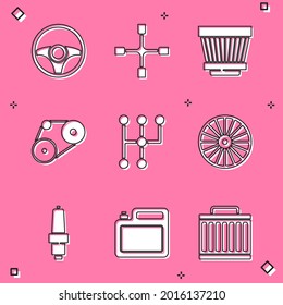 Set Steering wheel, Wheel wrench, Car air filter, Timing belt kit, Gear shifter, Alloy, spark plug and Canister for motor oil icon. Vector