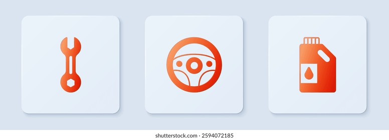 Set Steering wheel, Wrench spanner and Canister for motor oil. White square button. Vector