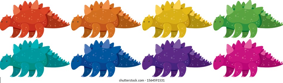 Set of stegosaurus in eight different colors illustration