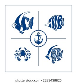 set of stencil drawings: fish, crab, anchor, 
blue silhouettes on white background, vector