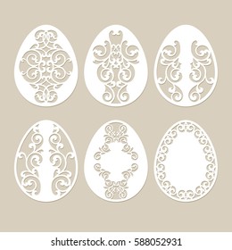 Set stencil easter eggs with carved openwork pattern. Image suitable for laser cutting. Image suitable for plotter and laser cutting or printing