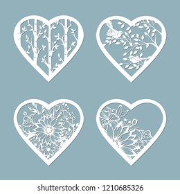 Set stencil hearts with flower. Template for interior design, invitations, etc. Image suitable for laser cutting, plotter cutting or printing. serigraphy