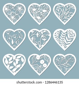 Set stencil hearts with flower. Template for interior design, invitations, etc. Vector illustration. Sticker set. Pattern for the laser cut, serigraphy, plotter and screen printing.