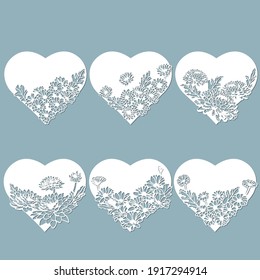 Set stencil hearts with flower. Template for interior design, invitations, etc. Vector illustration. Sticker set. Pattern for the laser cut, serigraphy, plotter and screen printing.