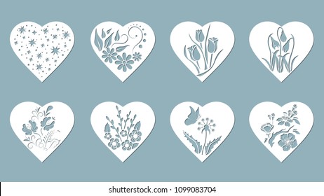 Set stencil hearts with Tulip, snowdrop, flower, butterfly, flower, star. Template for interior design, invitations, etc. Image suitable for laser cutting, plotter cutting or printing.