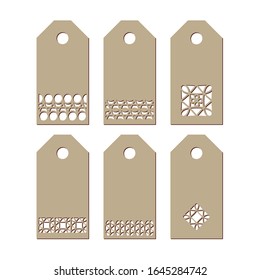 Set stencil labels with a carved openwork pattern on a white background . Image suitable for laser cutting, paper cutting etc