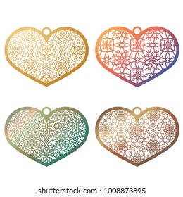 Set of Stencil lacy hearts with carved openwork pattern. Template for interior design, pendant, layouts wedding cards, invitations. Image suitable for laser cutting, plotter cutting or printing. 