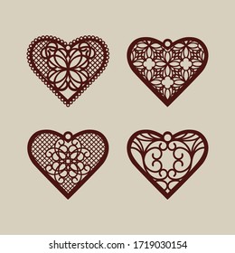 Set stencil lacy hearts with carved openwork pattern. Template for interior design, layouts wedding cards, invitations, etc. Image suitable for laser cutting, plotter cutting or printing. Vector