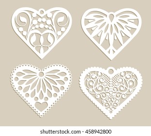 Set stencil lacy hearts with carved openwork pattern. Template for interior design, layouts wedding cards, invitations, etc. Image suitable for laser cutting, plotter cutting or printing. Vector