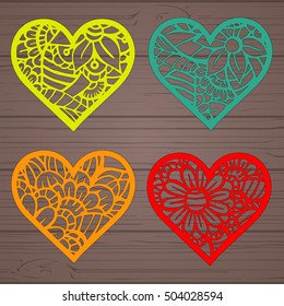Set stencil lacy hearts with carved openwork pattern. Template for interior design, layouts wedding cards, invitations, etc. Image suitable for laser cutting, plotter cutting or printing. Vector