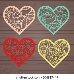 Fije corazones de lacia de esténcil con un patrón de apertura labrado. Plantilla para el diseño interior, diseños de tarjetas de boda, invitaciones, etc. Imagen adecuada para corte láser, corte de plotter o impresión. Vector