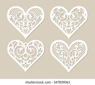 Set stencil lacy hearts with carved openwork pattern. Template for interior design, layouts wedding cards, invitations, etc. Image suitable for laser cutting, plotter cutting or printing.