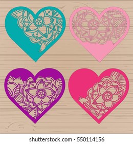 Set stencil lacy hearts with carved openwork pattern. Template for interior design, layouts wedding cards, invitations, etc. Image suitable for laser cutting, plotter cutting or printing. Vector