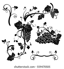 Set, A Stencil,a Bunch Of Grapes Black White Color Logo Wine Map. Stock Vector.